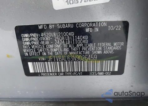 2022 Subaru Wrx Limited z USA, uszkodzony, nr VIN JF1VBAL63N9026459